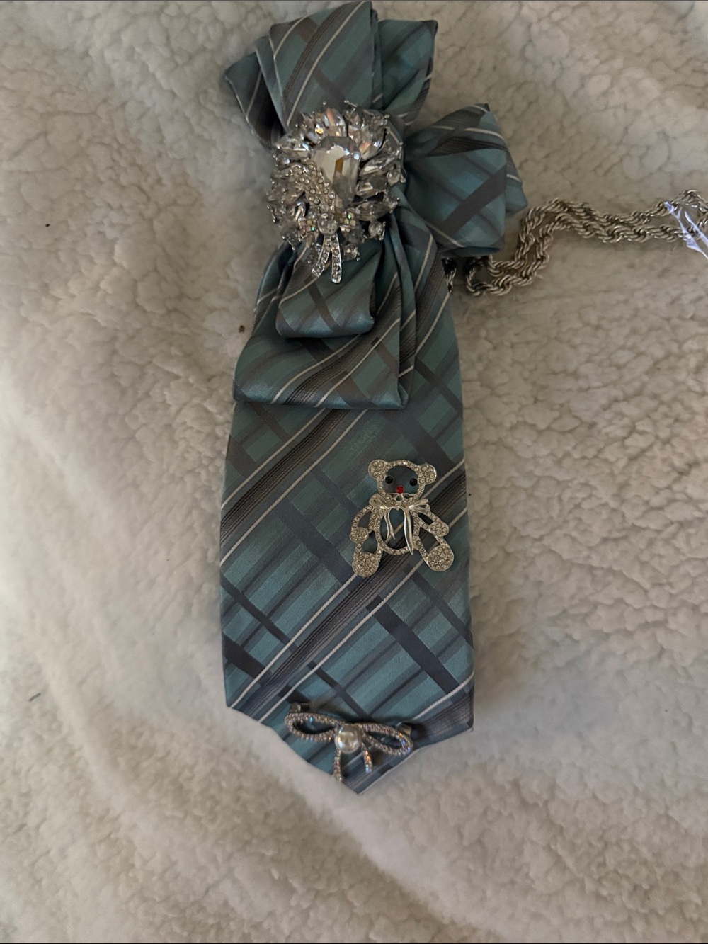 Teal Plaid Tie Necklace with Decorative Brooches